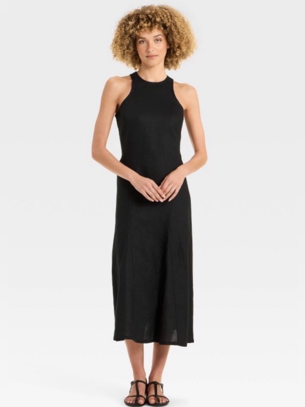 Sleek Black Sleeveless Midi Dress with High Neck Linen Blend